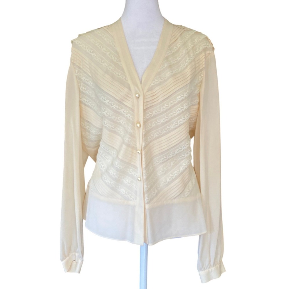 Vintage Silk Lace Pleated Pearl Button Cream Blouse Top 14 Romantic Femme Boho